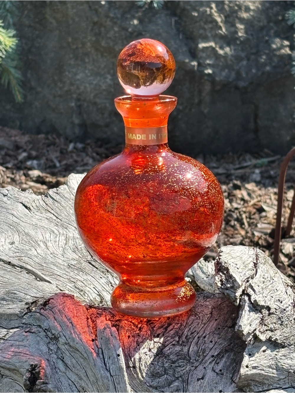 Vintage MCM Murano Glass Orange With Gold Flecks Decanter Made In Italy